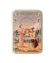 Front view of an Angelina dark chocolate crispy crepes tin with a vintage Parisian café illustration and Angelina Paris logo.