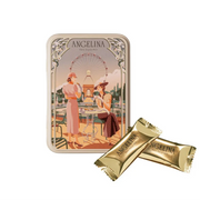 Angelina metal tin featuring a vintage Parisian illustration, accompanied by individually wrapped dark chocolate crispy crepes in a gold wrapper.
