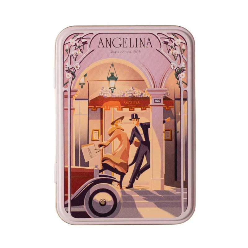 Front view of the Angelina Paris Mini Giandujas tin featuring a vintage illustration of a Parisian couple arriving at the Angelina tea room.