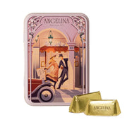 Angelina Paris Mini Giandujas tin displayed with two individually wrapped gianduja chocolates in front.