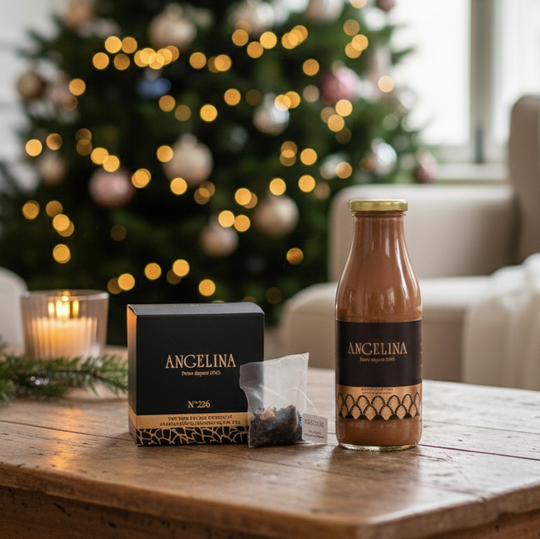 Angelina Paris hot chocolate and tea gift set displayed on a rustic wooden table in a cozy living room, with a softly lit Christmas tree and candle creating a warm holiday atmosphere.